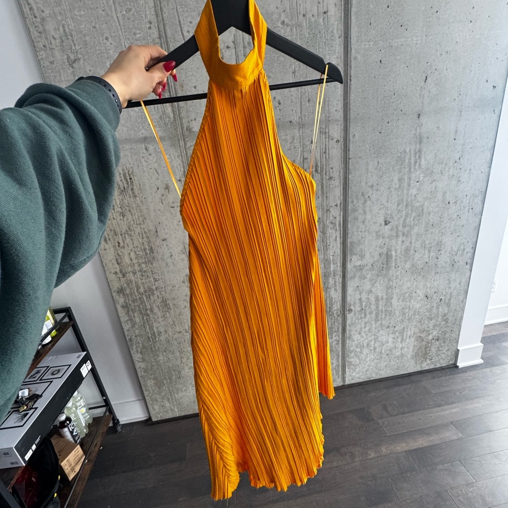 Zara Orange Halter Pleated Backless Sheath Dress
